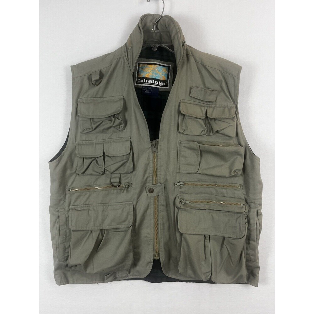 Stratojac Size Large Men's Tan Cargo Vest Outdoor Fishing Hunting Flannel Lined